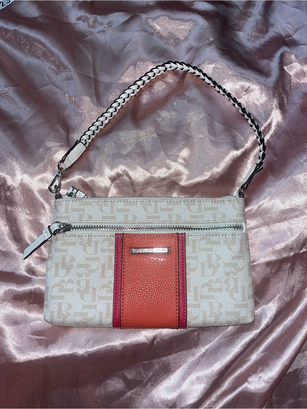 Dana Buchman Cream and Coral Wristlet with Braided Strap